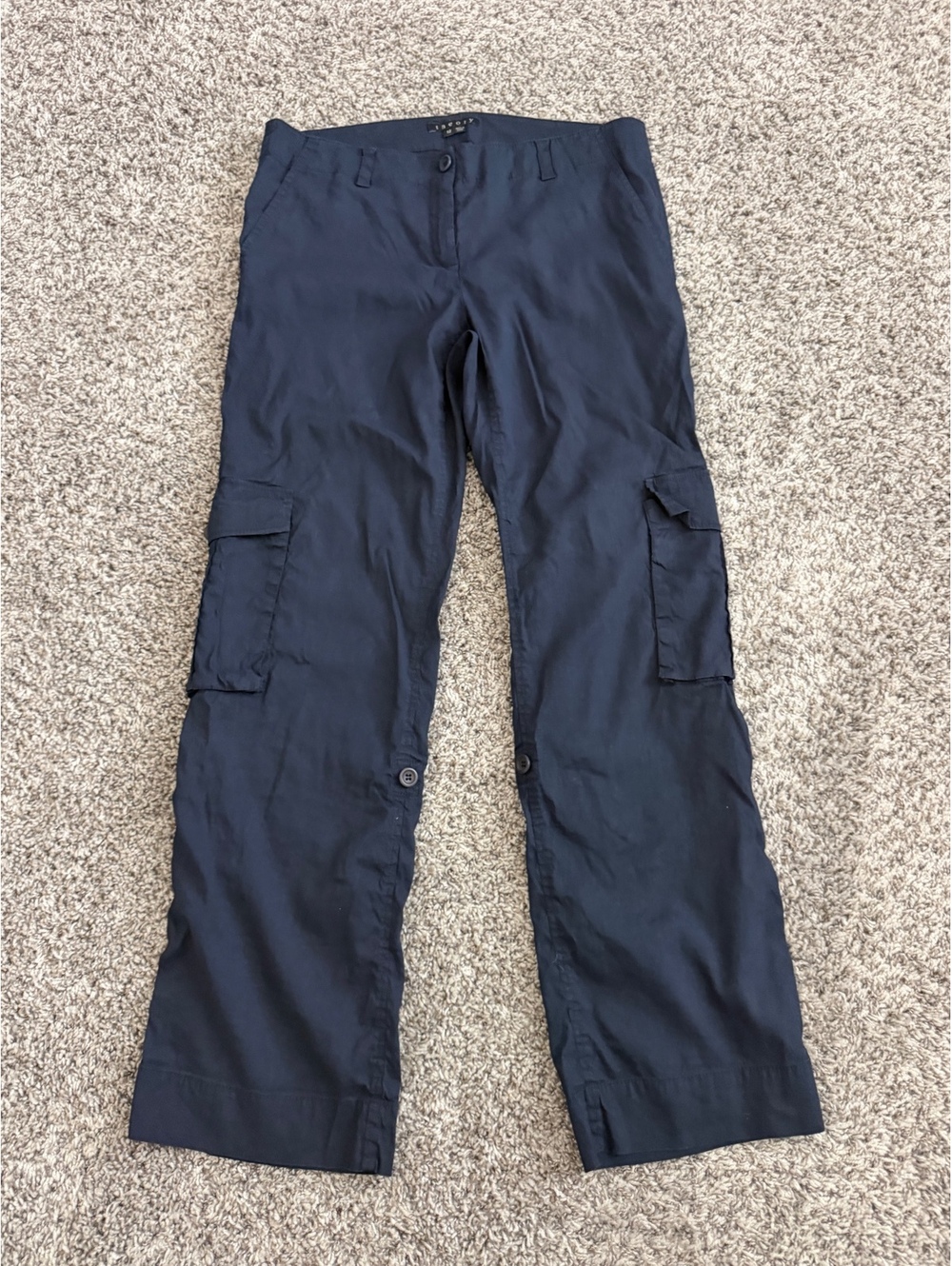 Theory Navy Blue Linen Blend Straight Leg Side Cargo Pockets Pants Size 12